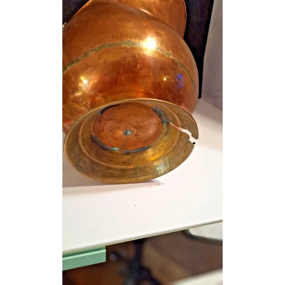 VINTAGE COPPER BRASS COAL SCUTTLE DELFT PORCELAIN HANDLES LION HEAD